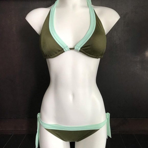 billabong solid olive & mint green halter top bikini - Picture 2 of 6